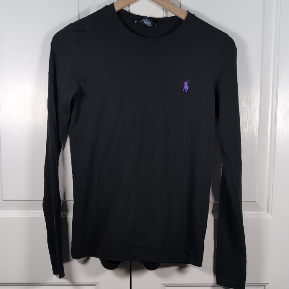 Vintage Ralph Lauren Sport Pima Cotton Black Long Sleeve Tee Purple Pony Logo M